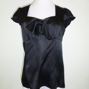 NANETTE LEPORE 100% SILK BLACK bow retro Top cap short sleeves sleeve 6